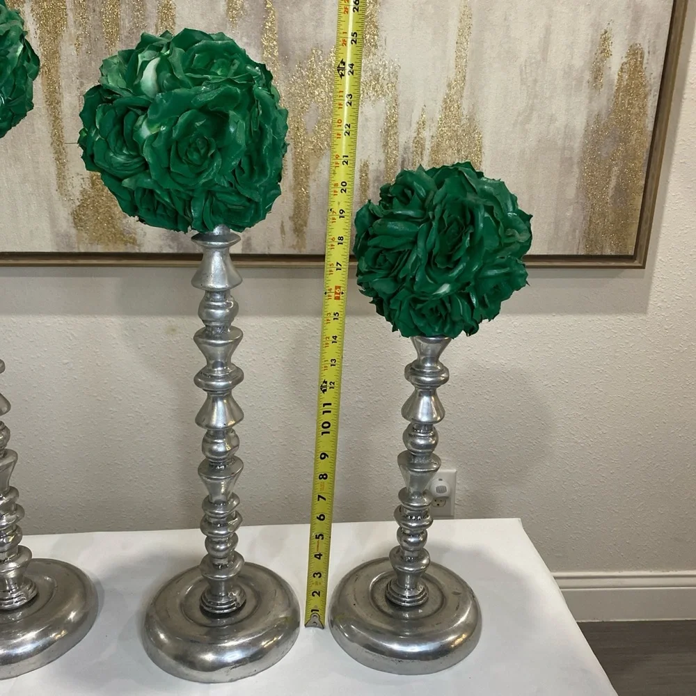 Elegant Silver Candle Holders with Green Floral Accents ⭐️